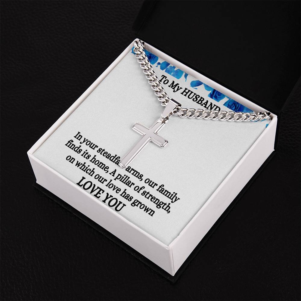 Gift For Husband Personalized Steel Cross Necklace on Cuban Chain w/ MC