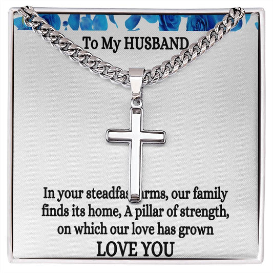 Gift For Husband Personalized Steel Cross Necklace on Cuban Chain w/ MC