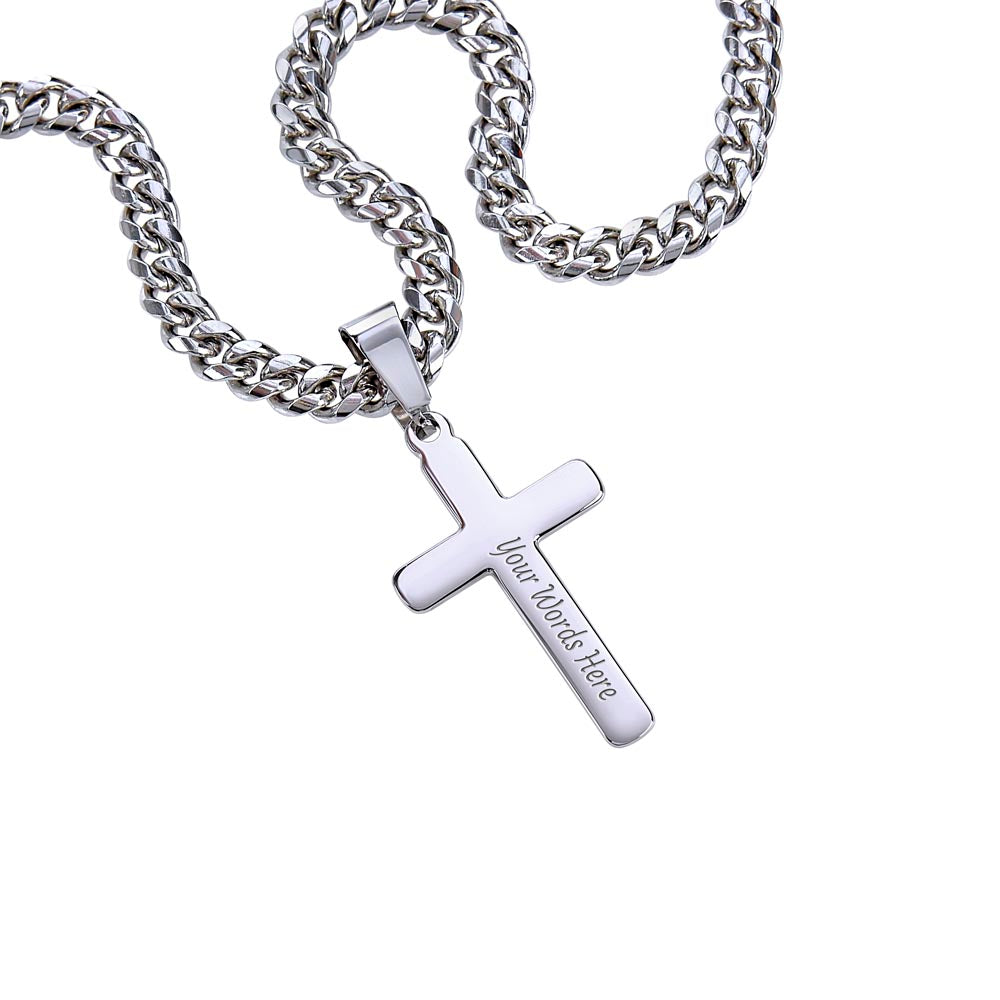 Gift For Husband Personalized Steel Cross Necklace on Cuban Chain w/ MC