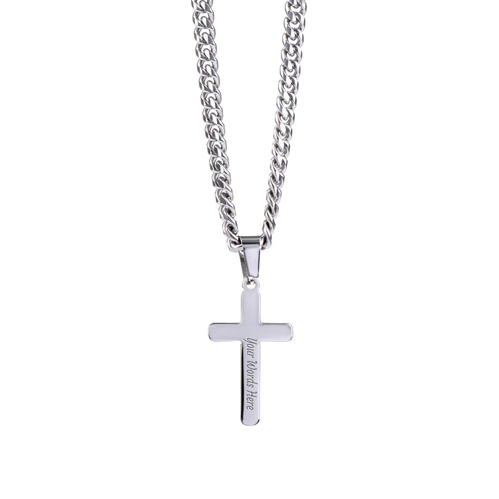 Gift For Husband Personalized Steel Cross Necklace on Cuban Chain w/ MC