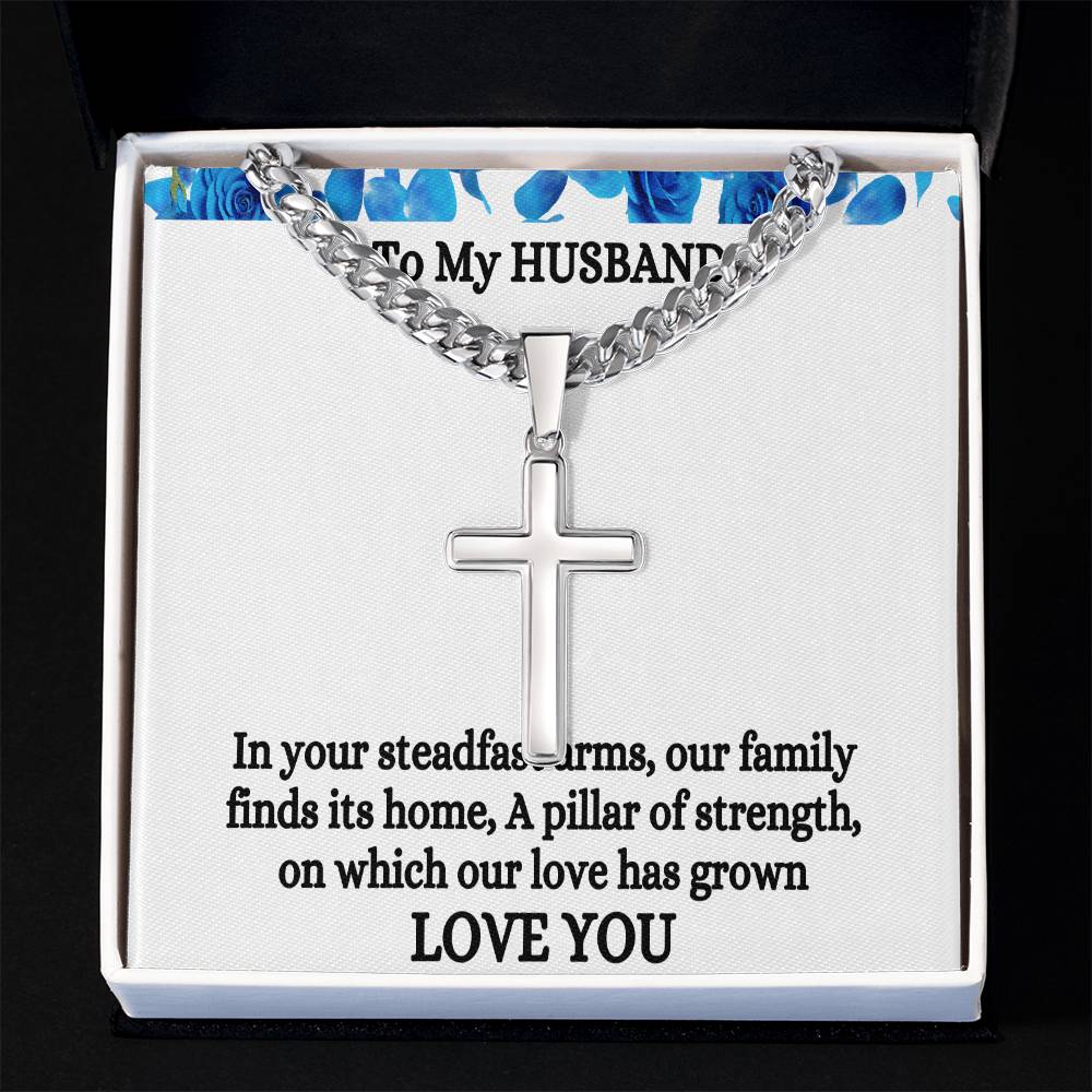 Gift For Husband Personalized Steel Cross Necklace on Cuban Chain w/ MC