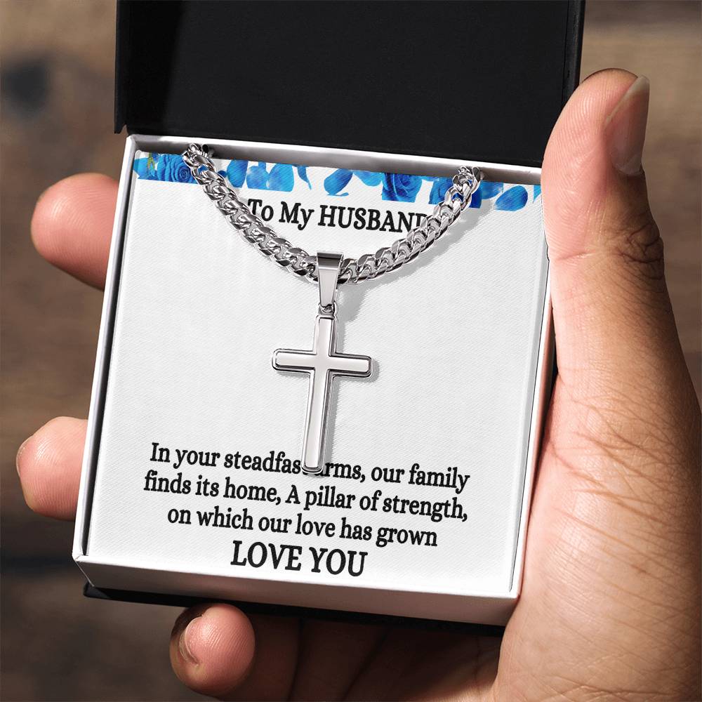 Gift For Husband Personalized Steel Cross Necklace on Cuban Chain w/ MC