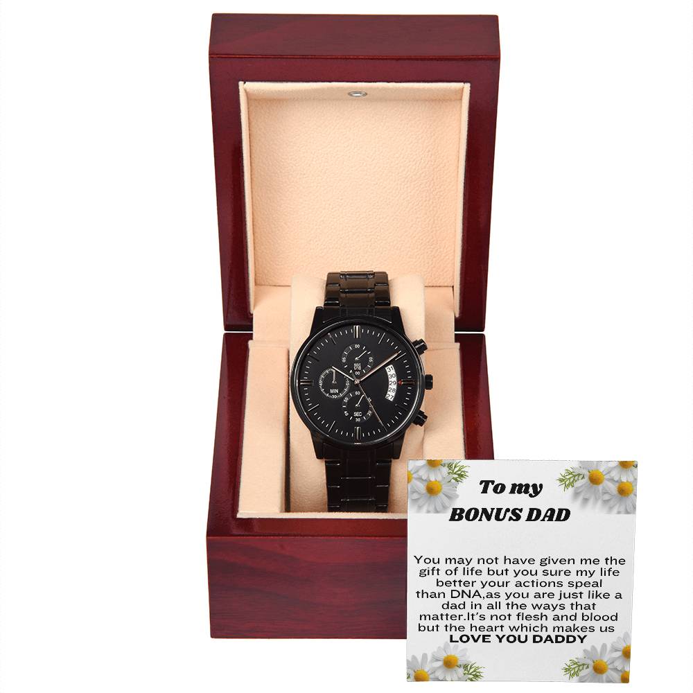 To My Bonus Dad Black Chronograph Watch + MC (NO ENGRAVING)