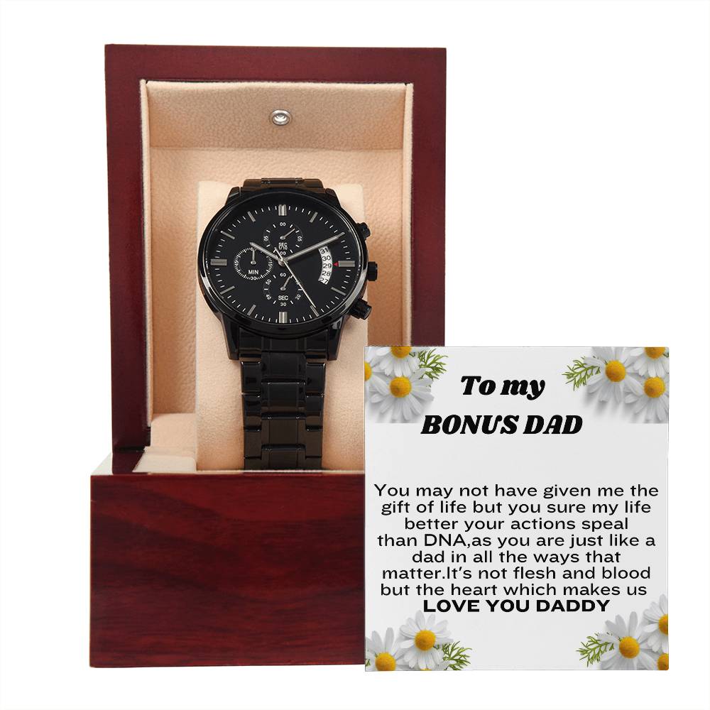 To My Bonus Dad Black Chronograph Watch + MC (NO ENGRAVING)