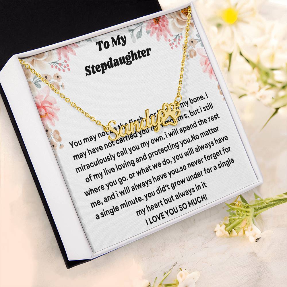 Gift For Step Daughter Name Necklace + Paw Print Character (w/MC)